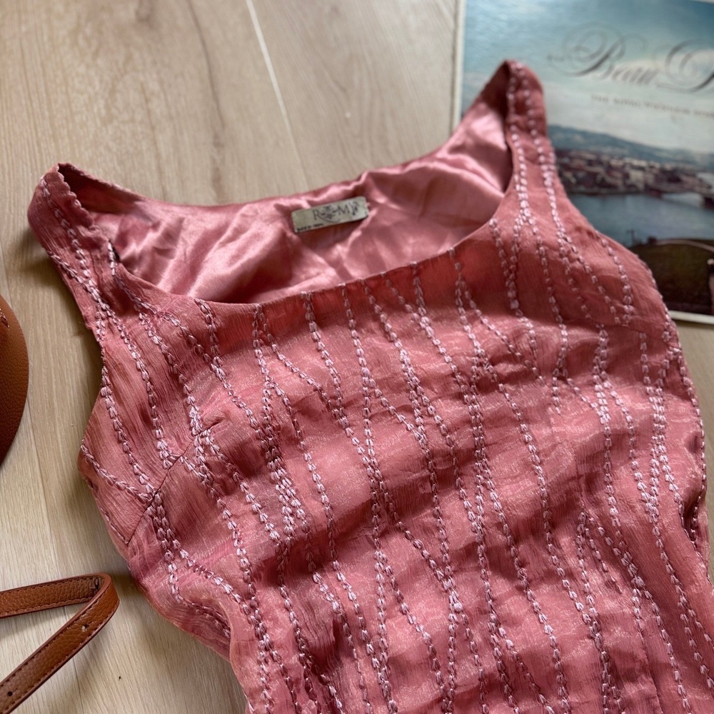 Romy Chiffon Satin Embroidered Textured Pink Tank Mini Dress Lined S Barbie Chic - Picture 13 of 15